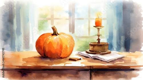 Watercolor painting of a pumpkin in a modern study