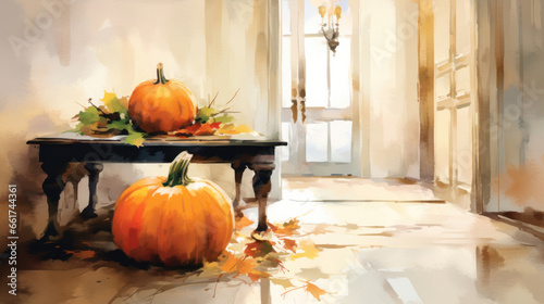 Watercolor painting of a pumpkin in a modern hallway