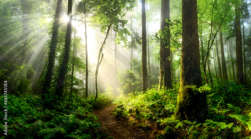 Fototapeta premium untouched rainforest in fog and backlight, AI generated