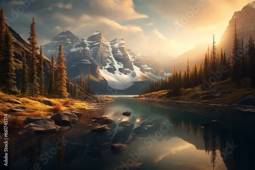Enchanting woodland scenery with towering mountains, dramatic canyons, a serene lake, and stormy skies. Generative AI © Dariel