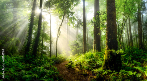 untouched rainforest in fog and backlight  AI generated