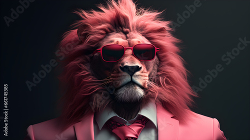 stylish lion wearing stylish glasses in pink suit on dark background