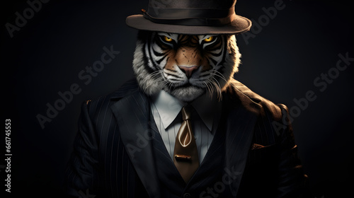 gangster lion wearing brown hat and a black suit with a tie on dark background