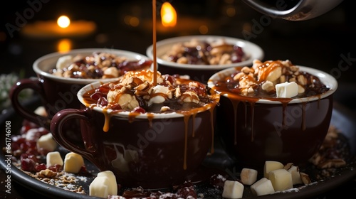 hot chocolate being poured into mugs with marshmallows