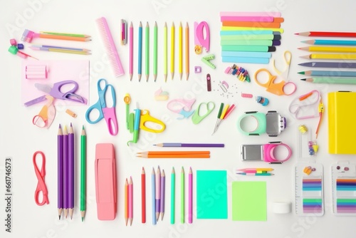 Colorful school supplies on white background, flat lay. Generative AI