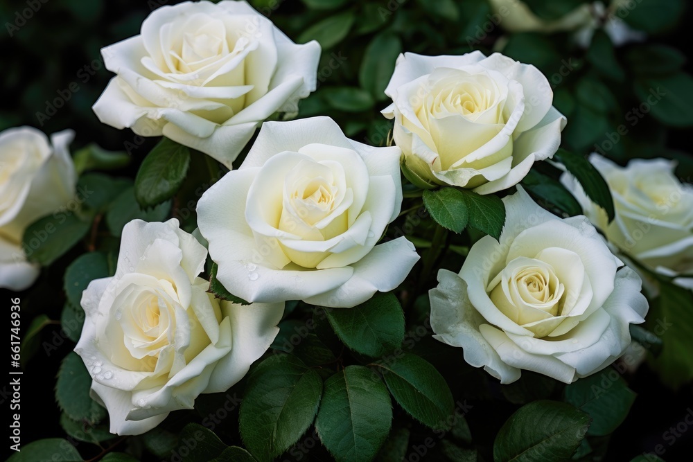 Beautiful blooming white roses on bush outdoors, closeup Beautiful blooming white roses on bush outdoors, closeup