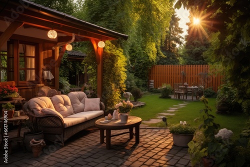 A small courtyard surrounded by greenery, simple patio furniture.