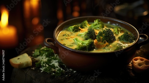 Cream of Broccoli and cheddar soup with bread vegetarian dish