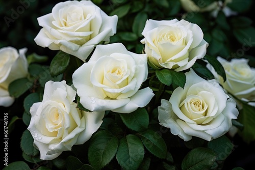 Beautiful blooming white roses on bush outdoors  closeup
