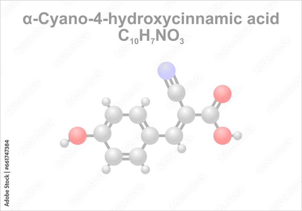 Alpha-Cyano-4-hydroxycinnamic acid. Simplified scheme of the molecule.
Use as matrix substance in spectrometry.
