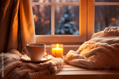 Winter holidays, evening calm and cosy home, cup of tea or coffee mug and knitted blanket near window in the English countryside cottage, holiday atmosphere