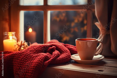 Winter holidays, evening calm and cosy home, cup of tea or coffee mug and knitted blanket near window in the English countryside cottage, holiday atmosphere © Enrique