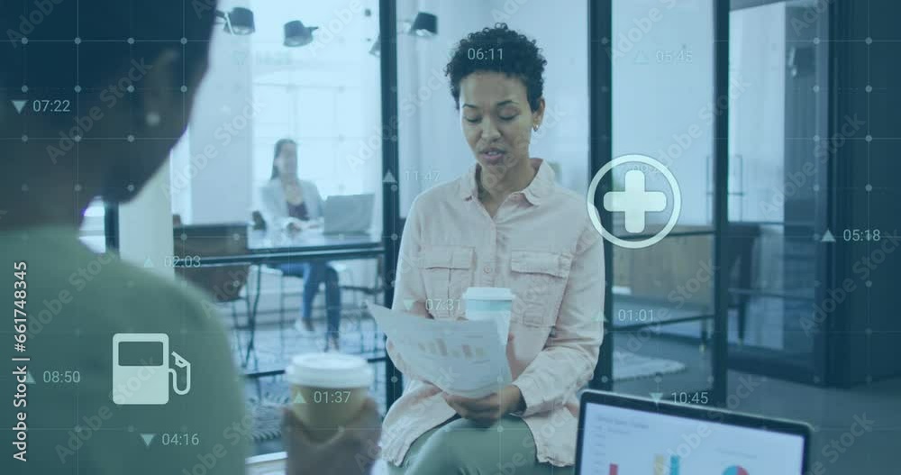 Animation of changing numbers and multiple icons over diverse female coworkers discussing reports