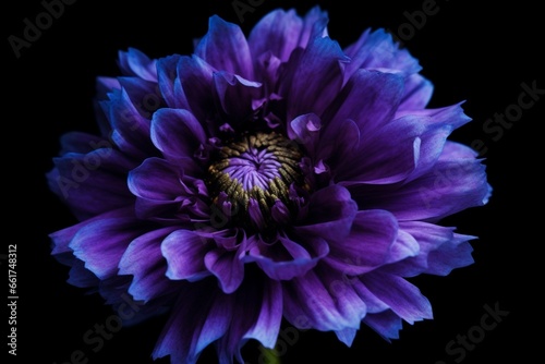 A purple flower with a blue center on a black background. Generative AI