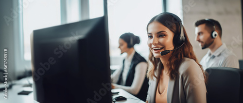 Female customer support, telemarketing and callcenter employee with headset talking on the phone. With copy space photo