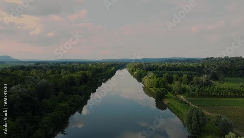 River Mur in Austria Leinitz droneshot from above water reflection with a forest surraunding