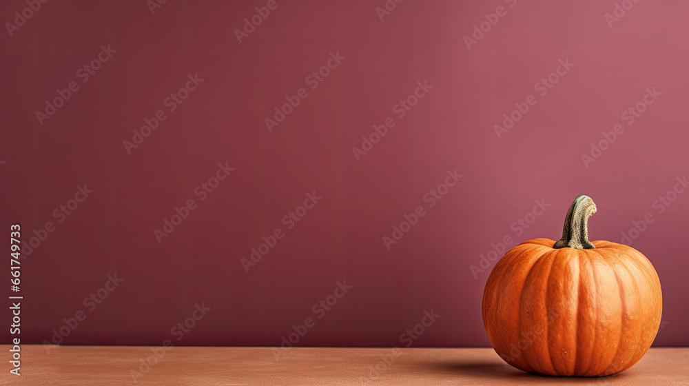 A single pumpkin on a maroon background or wallpaper