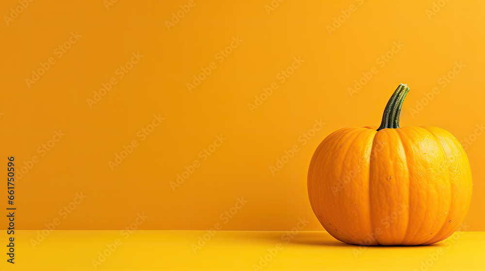 A single pumpkin on a vivid yellow background or wallpaper A single pumpkin on a vivid yellow background or wallpaper