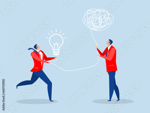 businessman with messy thinking with other giving lightbulb solution,idea, decision making and solution coaching to help trouble from Problem solving skill to think of solution concept