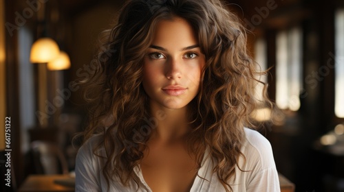 Portrait Young Woman With Curly Hair Wearing Denim Sh 7Cfd80, Background Images , Hd Wallpapers, Background Image