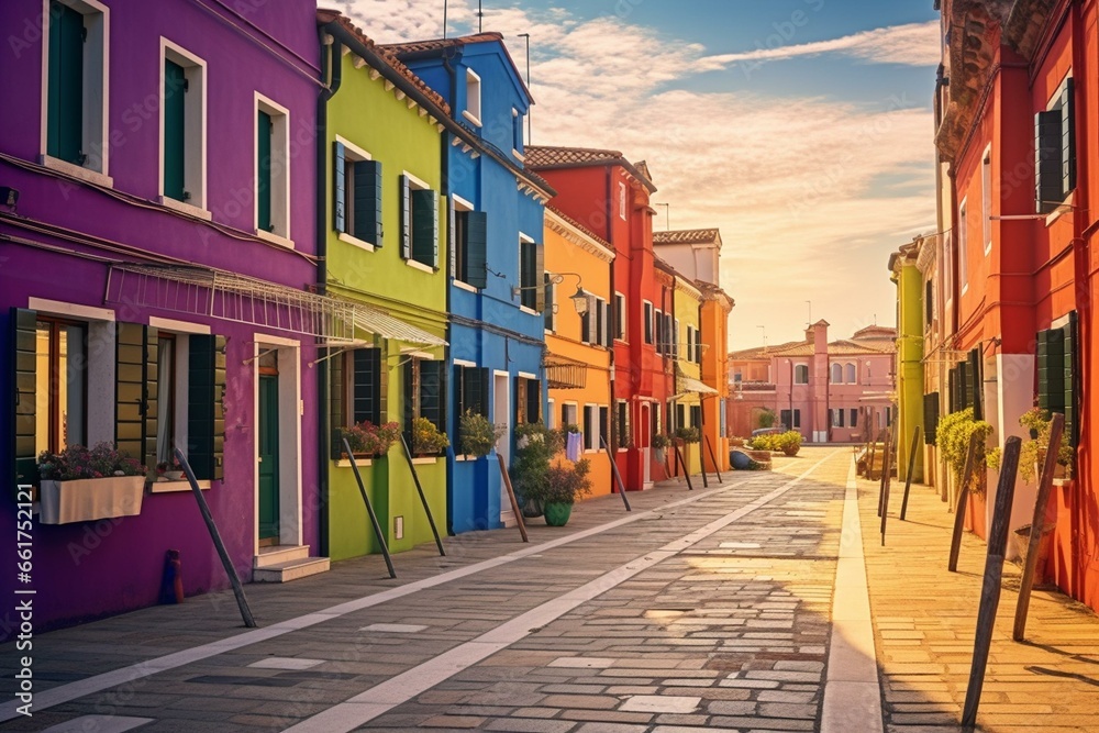 Vibrant street at sunset on Burano Island, Venice, Italy. Retro style artwork. Generative AI