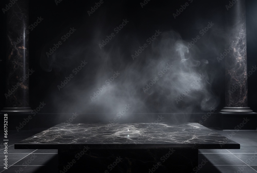 Empty black marble table podium with black stone with smoke. AI Generated Images - obrazy, fototapety, plakaty 