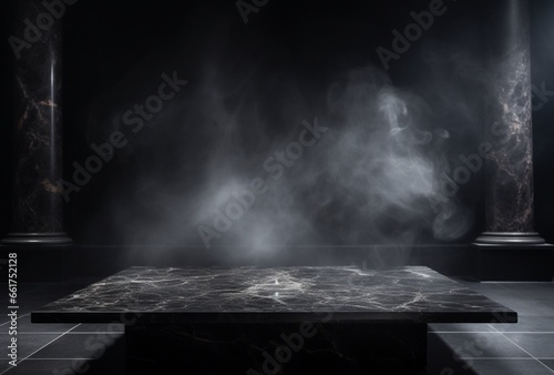 Empty black marble table podium with black stone with smoke. AI Generated Images