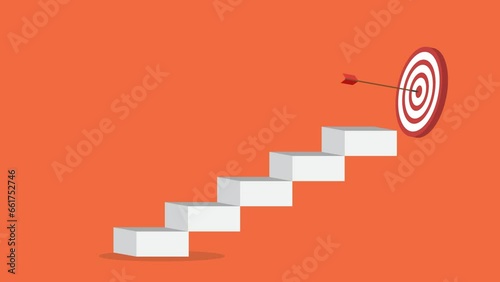 Goal, motivation to success. Climb up stairs to reach goal target on the top.	