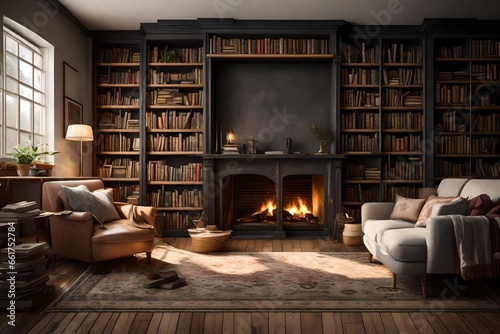 A cozy living room with a fireplace, a soft rug, and a bookshelf filled with books.