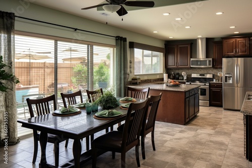 Spacious kitchen & dining room with elegant granite countertops. Generative AI