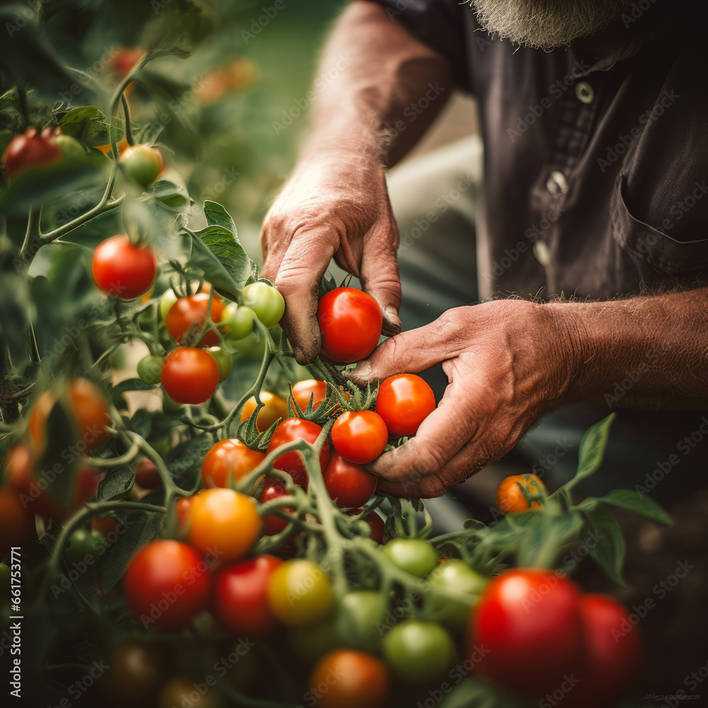 Working farm hands hold a branch with tomatoes. Harvest care. Blurred foreground. Working farm hands hold a branch with tomatoes. Harvest care. Blurred foreground.