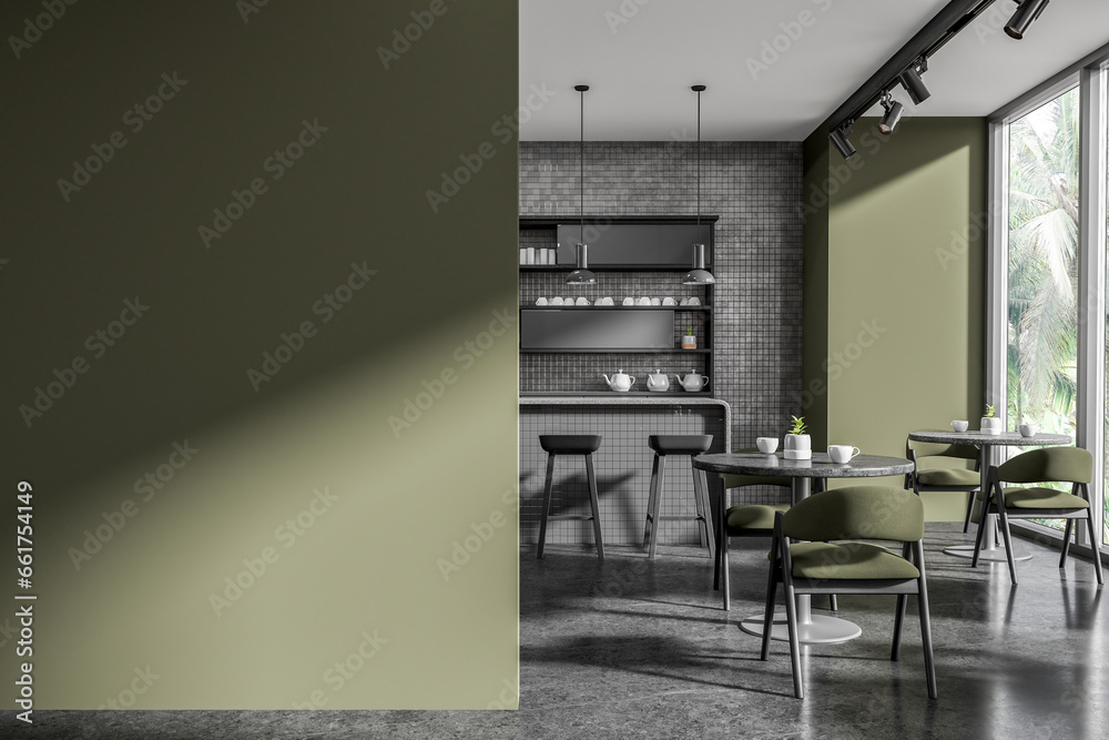 Green and gray cafe interior with bar and blank wall - obrazy, fototapety, plakaty 
