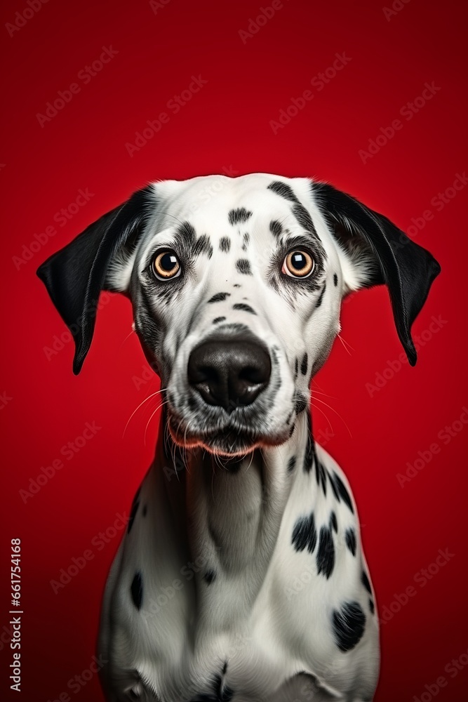 Photo of a Dalmatian dog against a bold red backdrop created with Generative AI technology