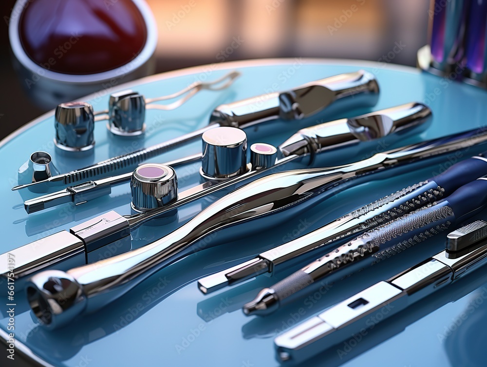 Close up view of set of various stainless steel instruments in dental clinic, Generative AI Close up view of set of various stainless steel instruments in dental clinic, Generative AI