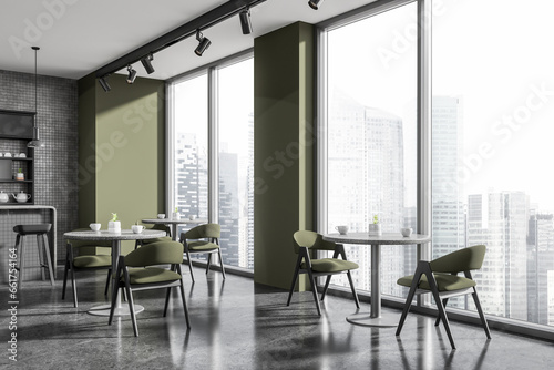 Green and gray cafe corner with bar