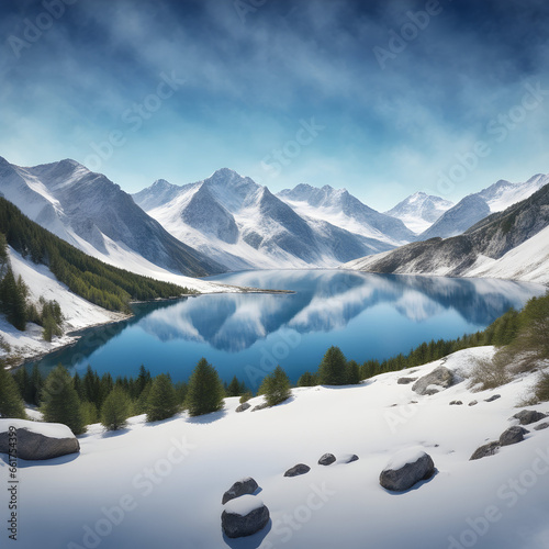 Tranquil Winter Landscape with Snowcapped Mountains and Frozen Glacial Lake. ai generative