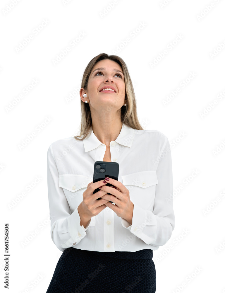 Businesswoman with smartphone in hands, smiling. Isolated over white background Businesswoman with smartphone in hands, smiling. Isolated over white background
