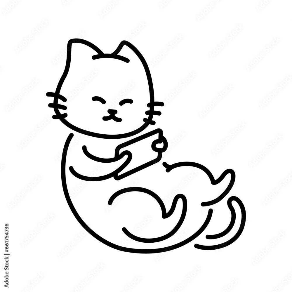 Obraz premium Cat using phone. Minimalist cat drawing.