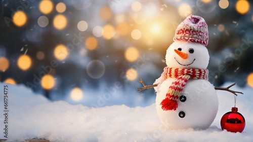 Christmas decoration with a cute cheerful snowman in the snow in a winter park with beautiful bokeh © LaxmiOwl