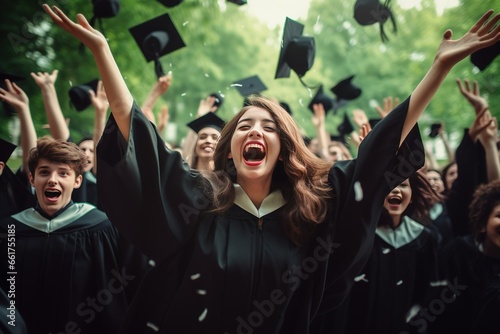 Caucasian Graduates celebrating with their graduation caps and certificates, laughing and cheering at the graduation ceremony