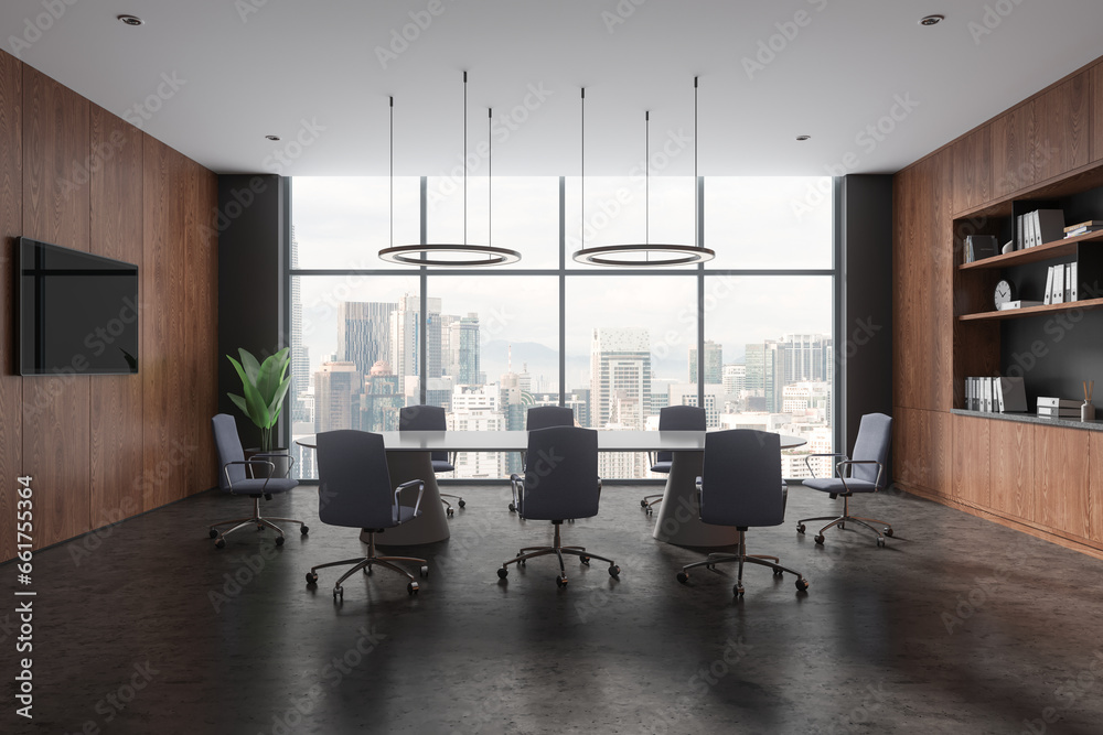 Fototapeta premium Modern office room interior with meeting table and tv screen, panoramic window