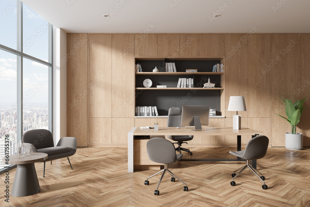 Wooden office interior with work desk, chill zone and panoramic window Wooden office interior with work desk, chill zone and panoramic window