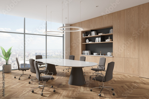 Wooden office room interior with meeting table and chairs, panoramic window