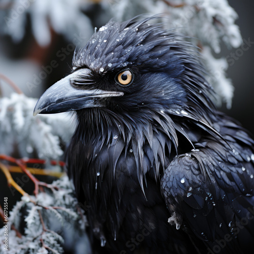 The onyx feathers of the raven contrast sharply 