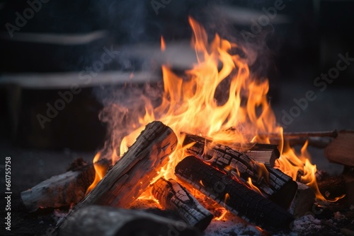 Close-up outdoor campfire. Wood, flames, and fire. Generative AI