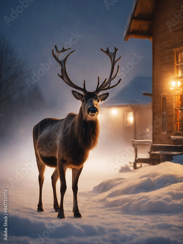 Reindeer standing on snow in christmas night on the street in city. Generative Ai