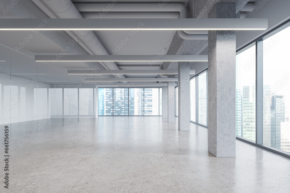 Obraz premium Stylish empty interior and glass partition, panoramic window on skyscrapers