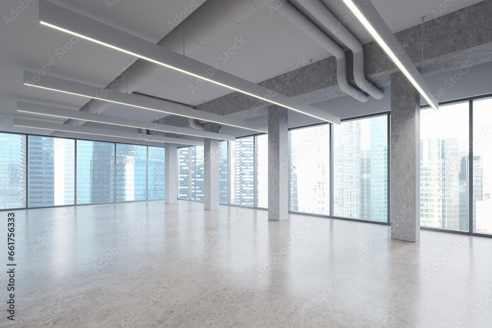 Fototapeta premium Stylish empty office interior with columns and lamps, panoramic window