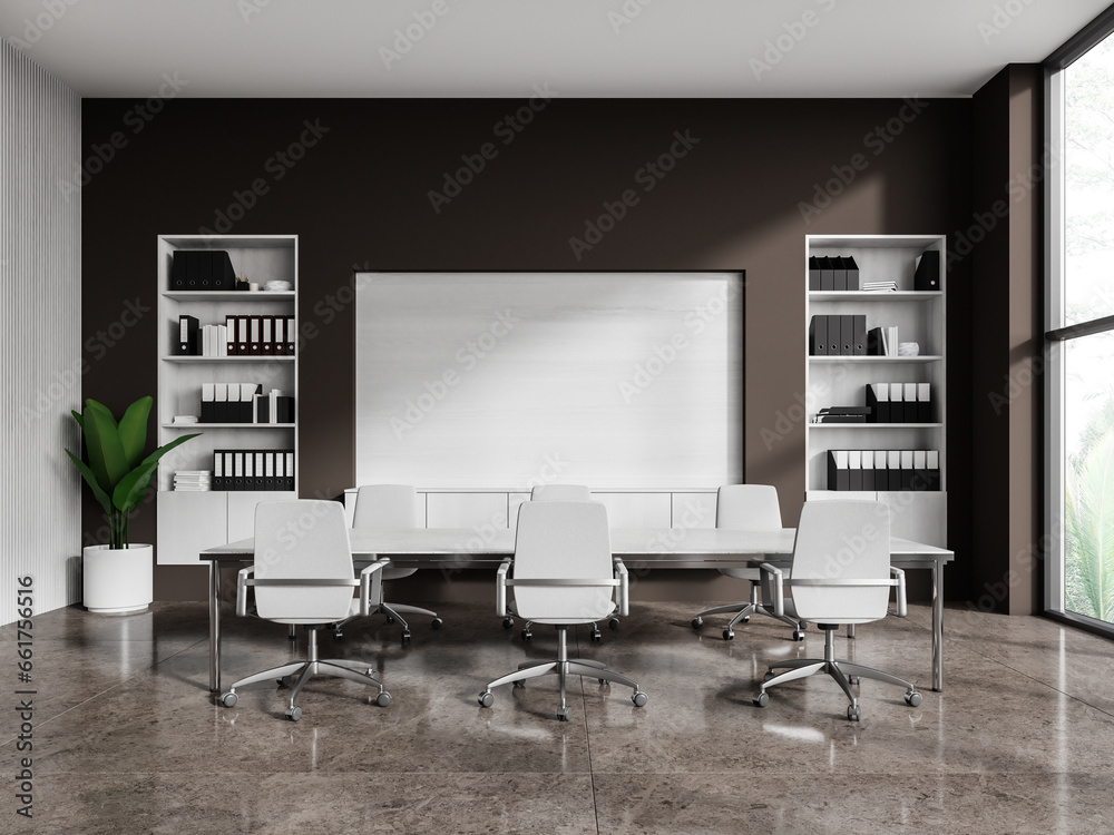 Cozy office room interior with meeting table and seats, panoramic window Cozy office room interior with meeting table and seats, panoramic window