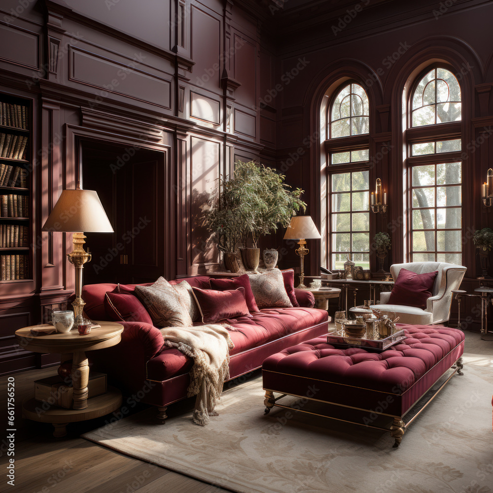  A burgundy and tan living room.
